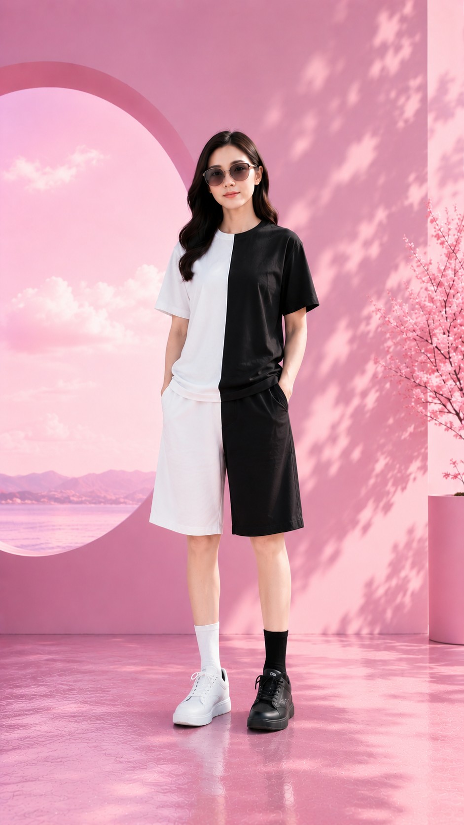 AI女性夏季黑白拼接上衣與短褲造型,搭配黑白襪子和鞋款