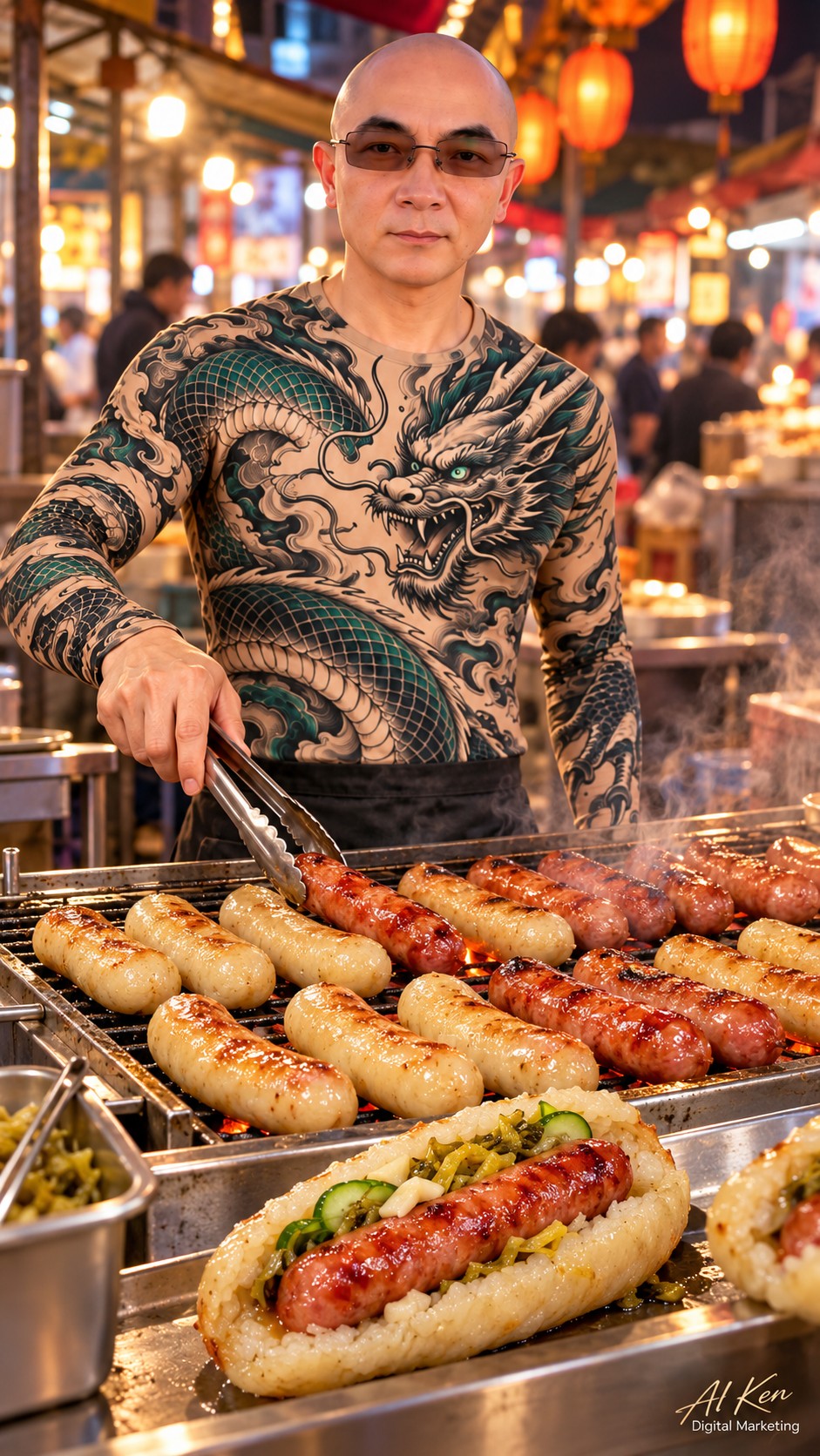 AI Ken presenting Taiwanese pork sausage inside a split sticky rice sausage