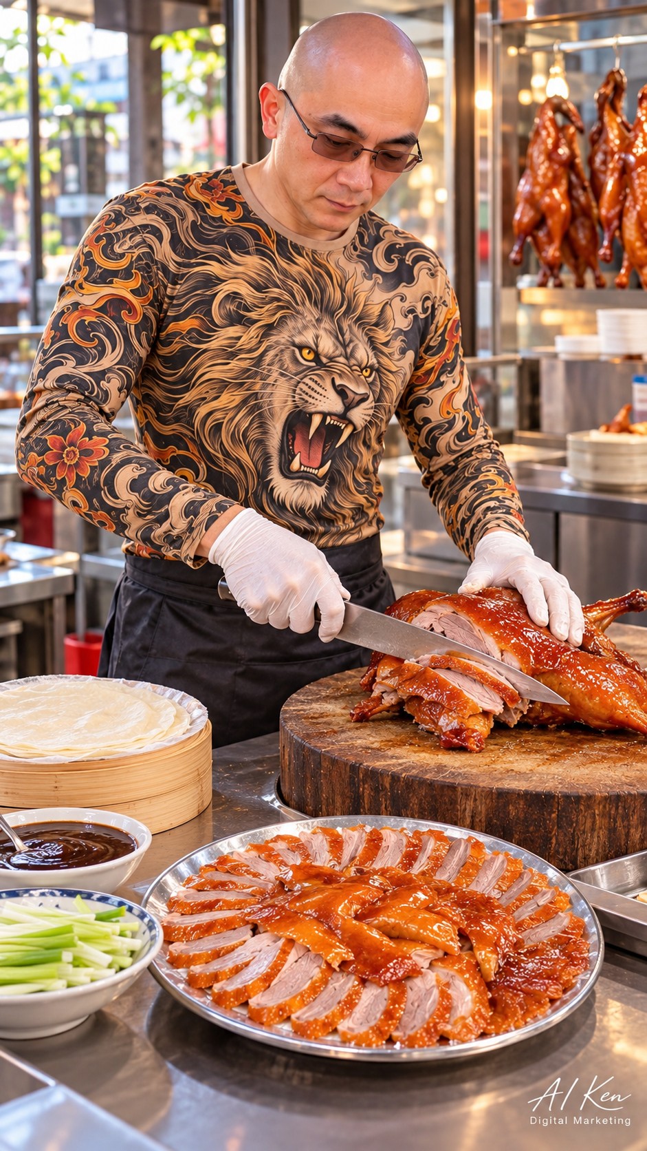 AI Ken visual scene showing roast duck being carved into slices beside thin pancakes and sauce