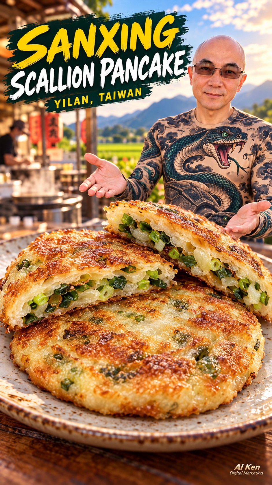 Sanxing scallion pancake feature with golden pancakes and a cut-open scallion filling, presented by AI Ken