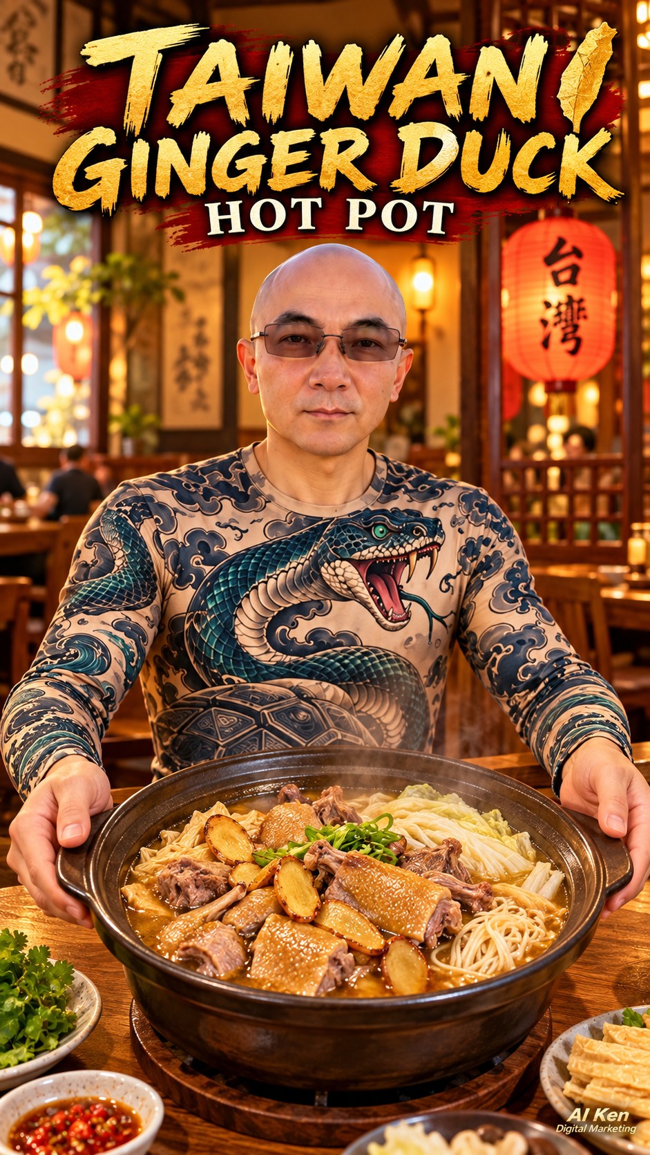 AI-created Taiwanese ginger duck hot pot scene featuring AI Ken