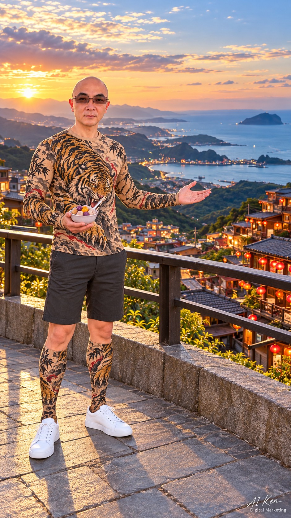 AI-created Jiufen food and mountain town travel illustration