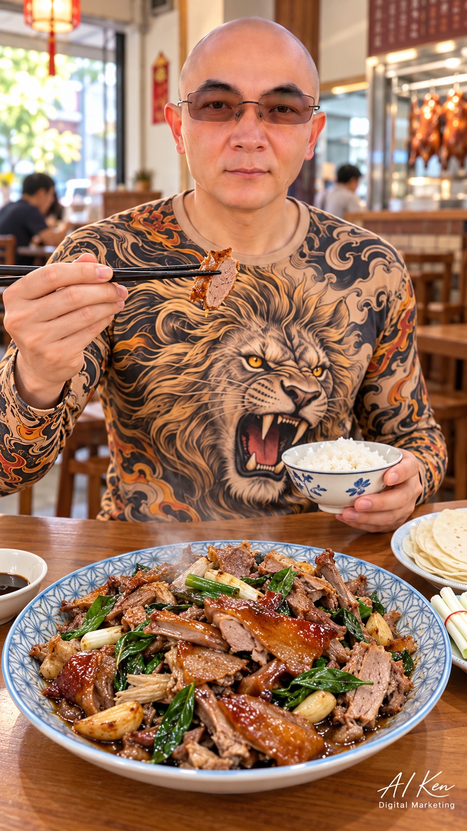 AI Ken presenting basil roast duck stir-fry with garlic, scallions and a bowl of steamed rice