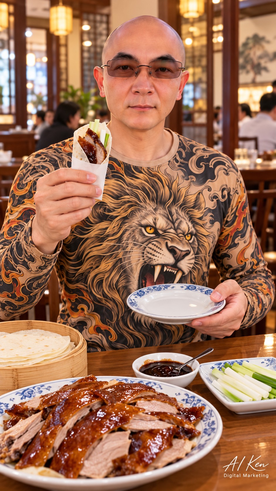 AI Ken holding a roast duck pancake wrap with duck slices, sauce and scallions