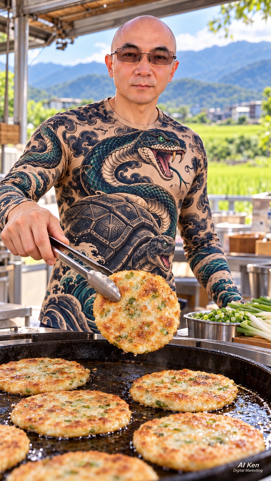 AI-generated scene of AI Ken lifting a golden scallion pancake from a cooking pan
