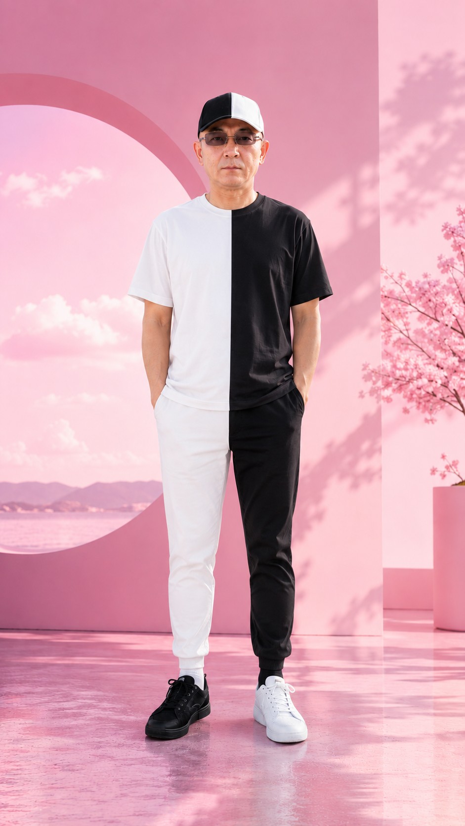 AI男性黑白拼接上衣與長褲造型,呈現極簡時尚視覺