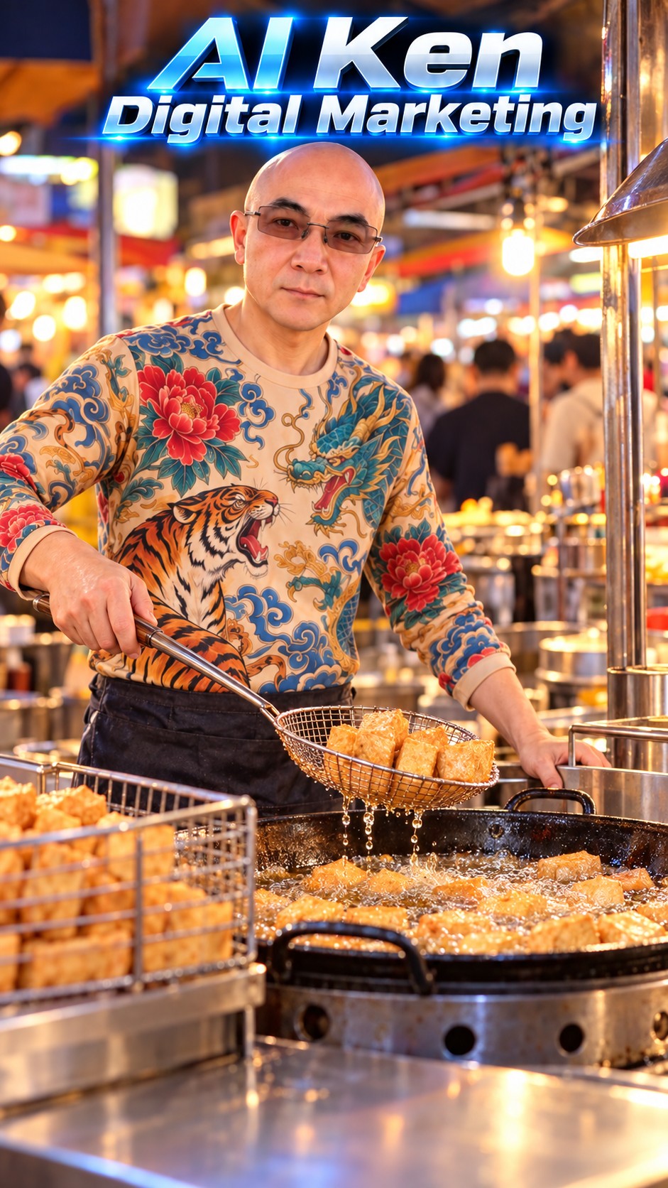 AI-created scene introducing Taiwanese fried stinky tofu and its preparation and tasting