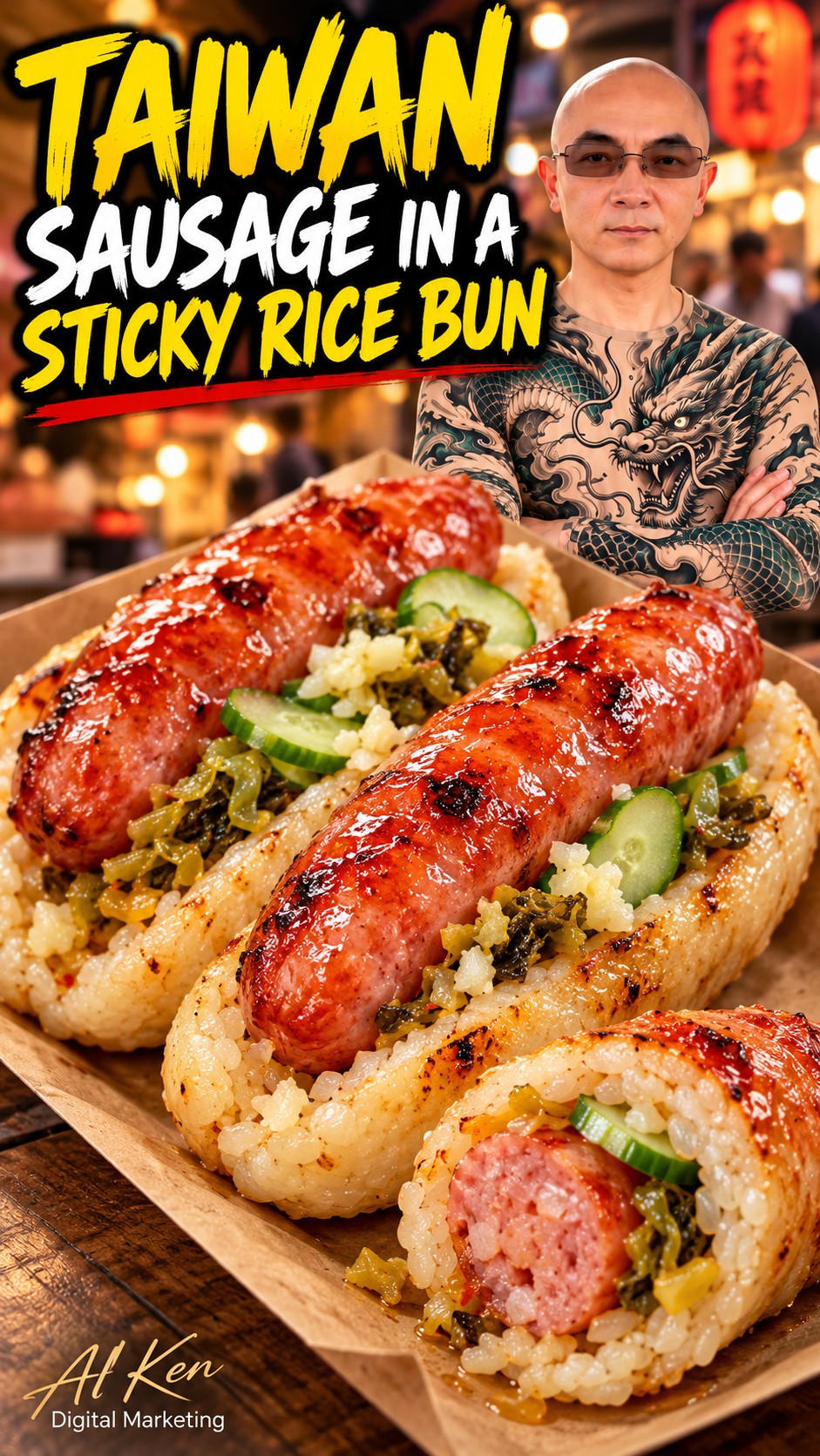 AI-created Taiwanese sausage and sticky rice sausage grilling scene with AI Ken