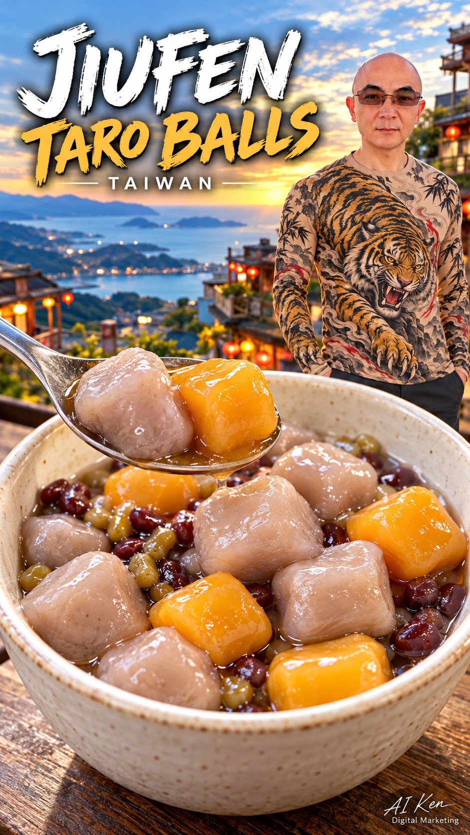 AI-created Jiufen taro balls scene featuring AI Ken