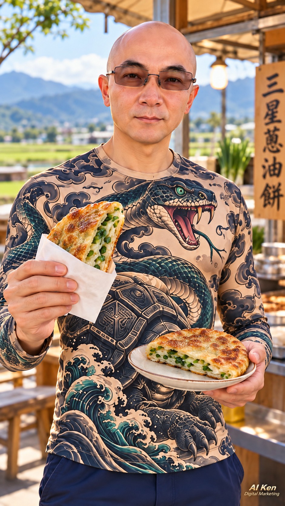 AI Ken presenting a scallion pancake in a paper sleeve and a cut portion showing the scallion filling