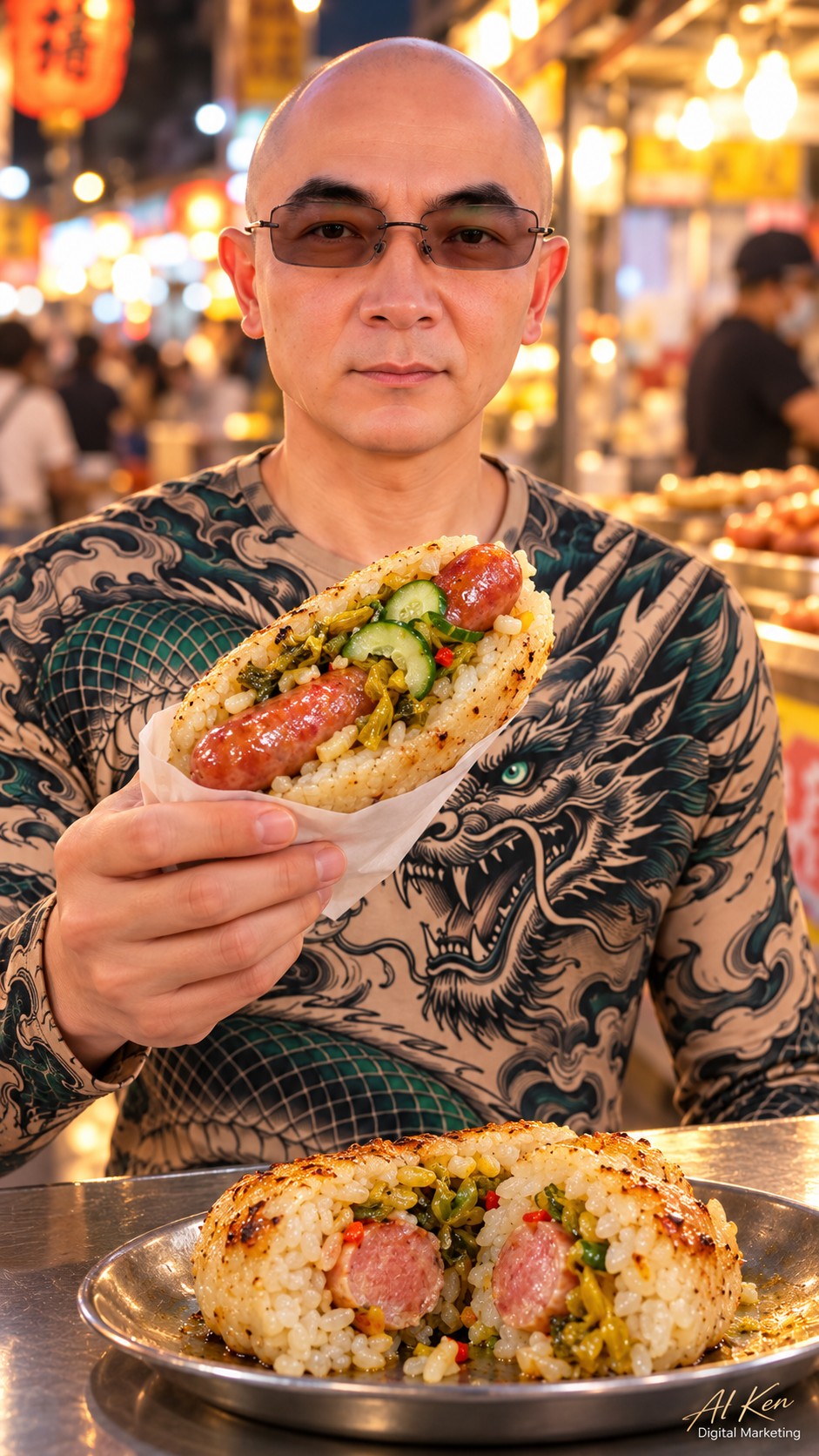 Taiwanese sausage in a sticky rice bun close-up artwork with AI Ken