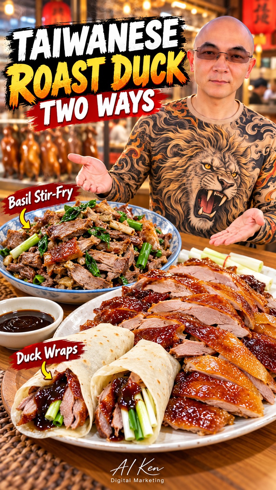 Taiwanese roast duck two ways, with sliced duck pancake wraps and a basil duck stir-fry