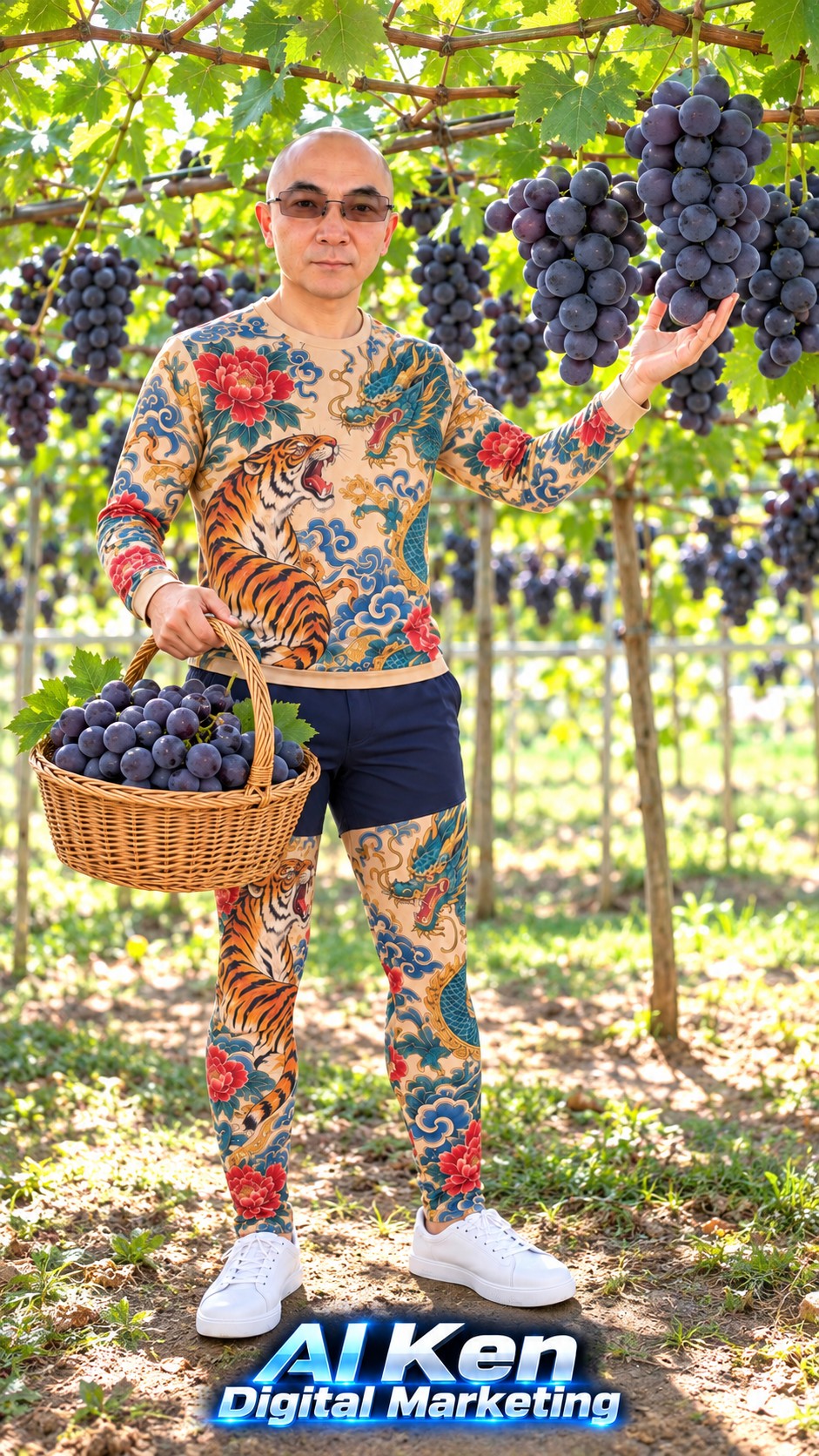 AI Ken introducing bunches of Kyoho grapes growing beneath a leafy orchard trellis