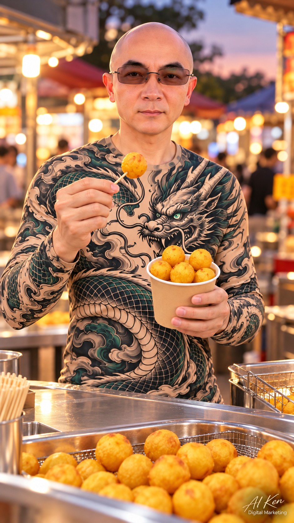 Golden Taiwanese sweet potato balls lifted in a wire skimmer to drain after frying
