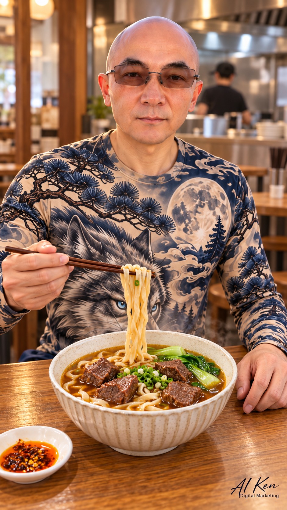 Presenting a small piece of cooked beef above Taiwanese beef noodle soup before tasting