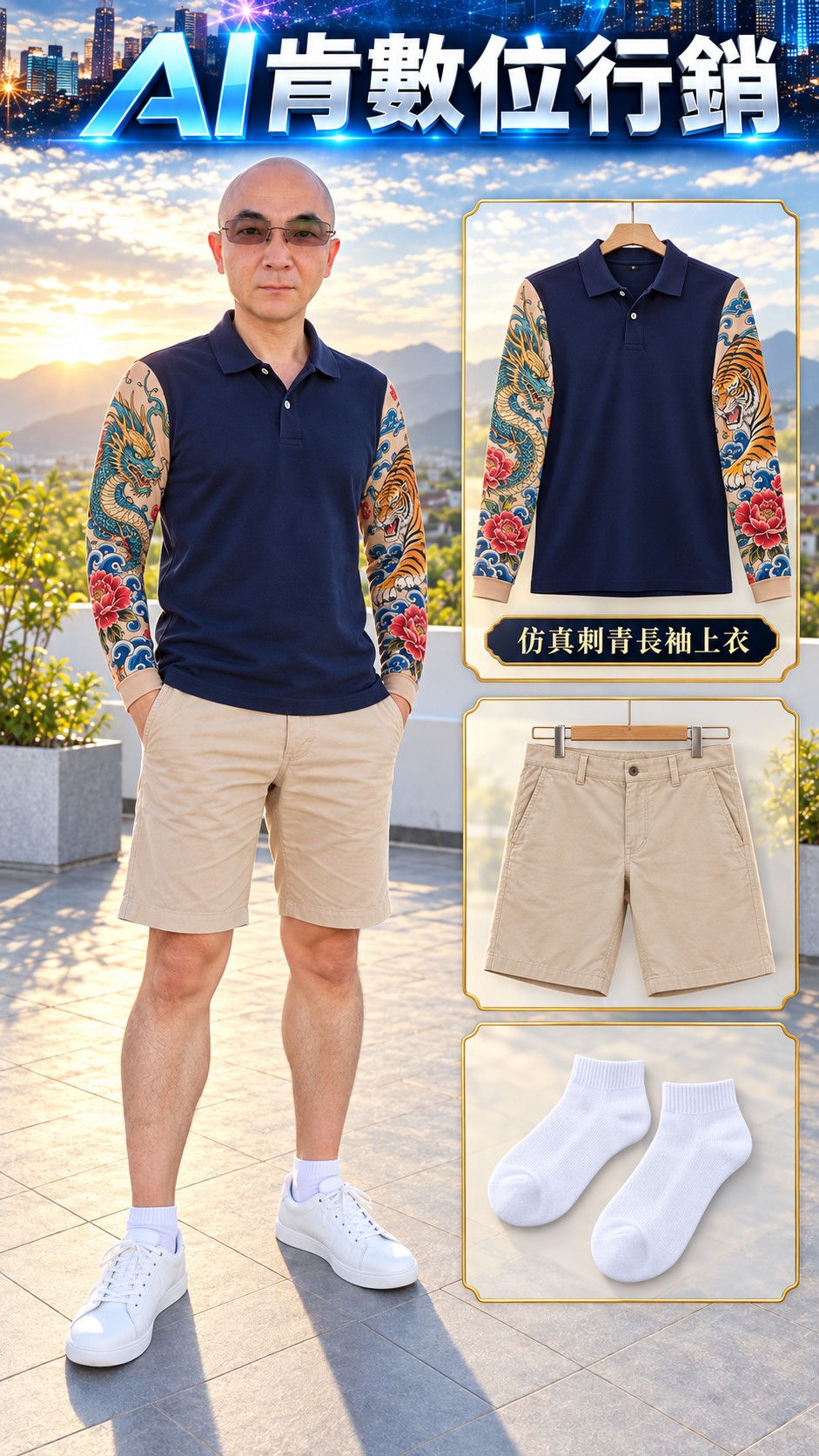 AI深藍衣身搭配仿刺青圖騰袖子的服飾概念，配卡其短褲與白色鞋襪