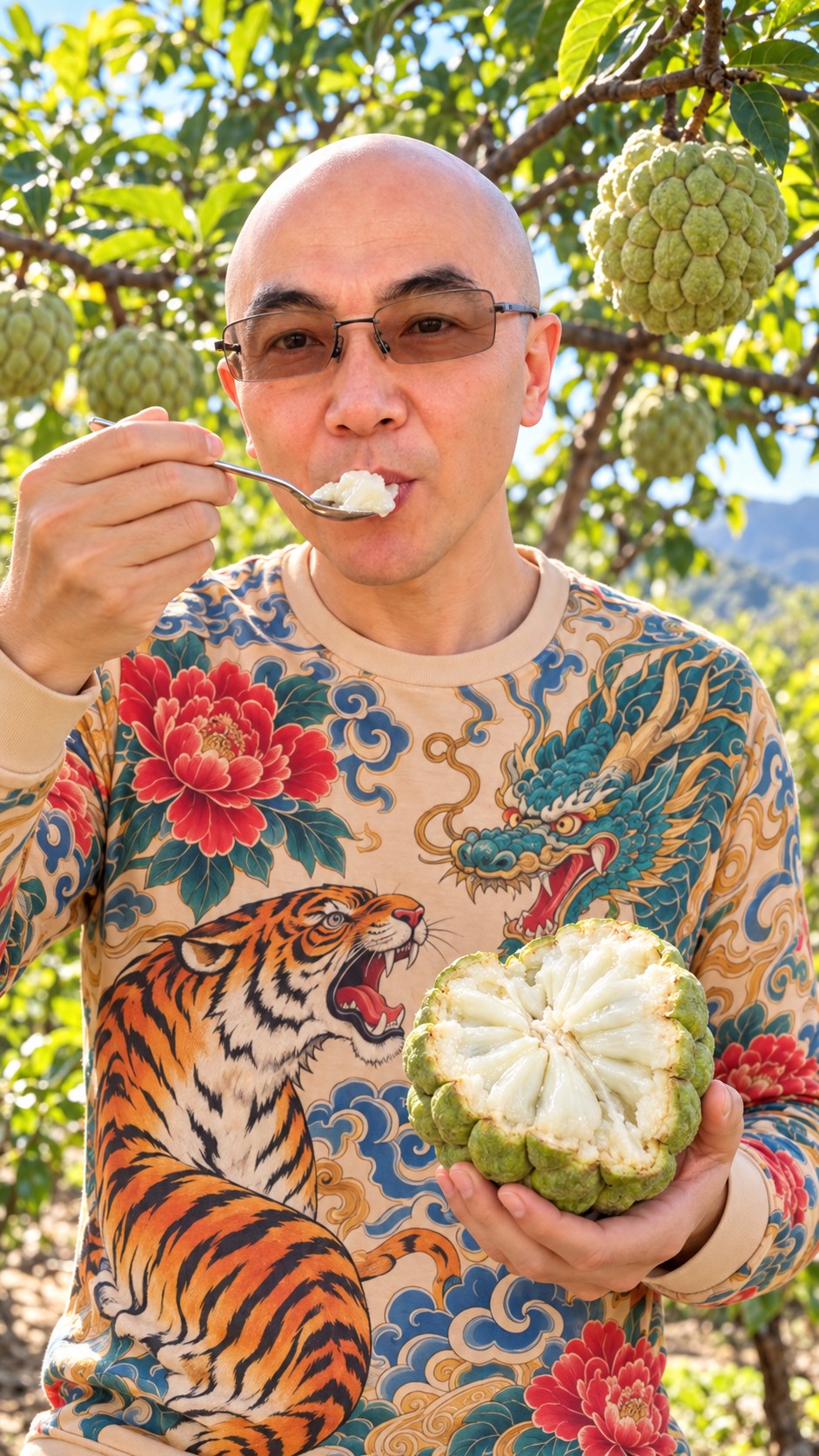 AI Ken tasting a spoonful of white sugar apple flesh while holding an opened fruit