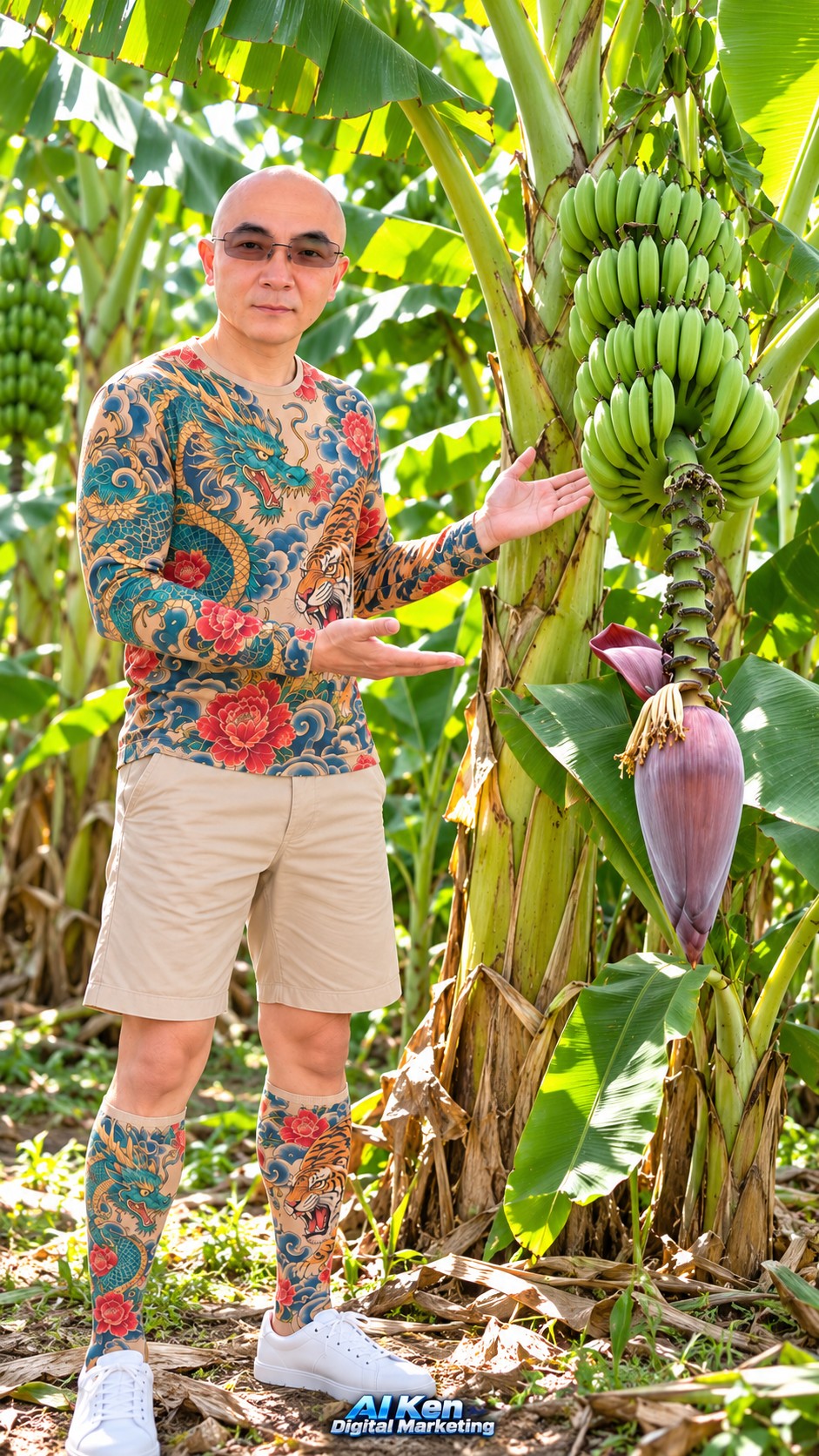 AI Ken introducing a hanging green banana bunch and purple banana blossom in a Taiwan banana grove