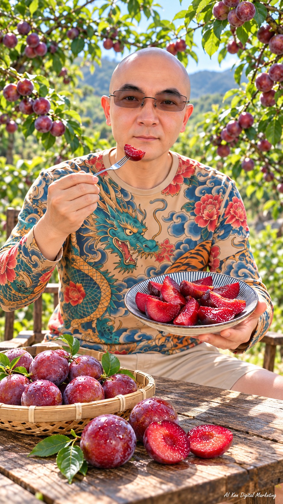 AI Ken presenting deep red pitted plum wedges beside whole red-purple plums in an orchard