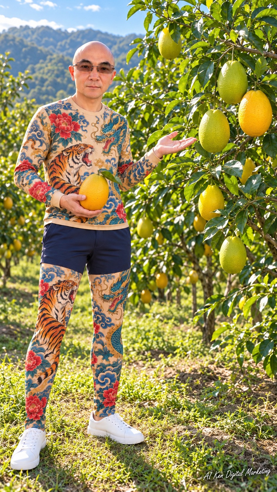 AI Ken holding an oval yellow orange while introducing papaya-shaped citrus fruit growing on leafy orchard branches