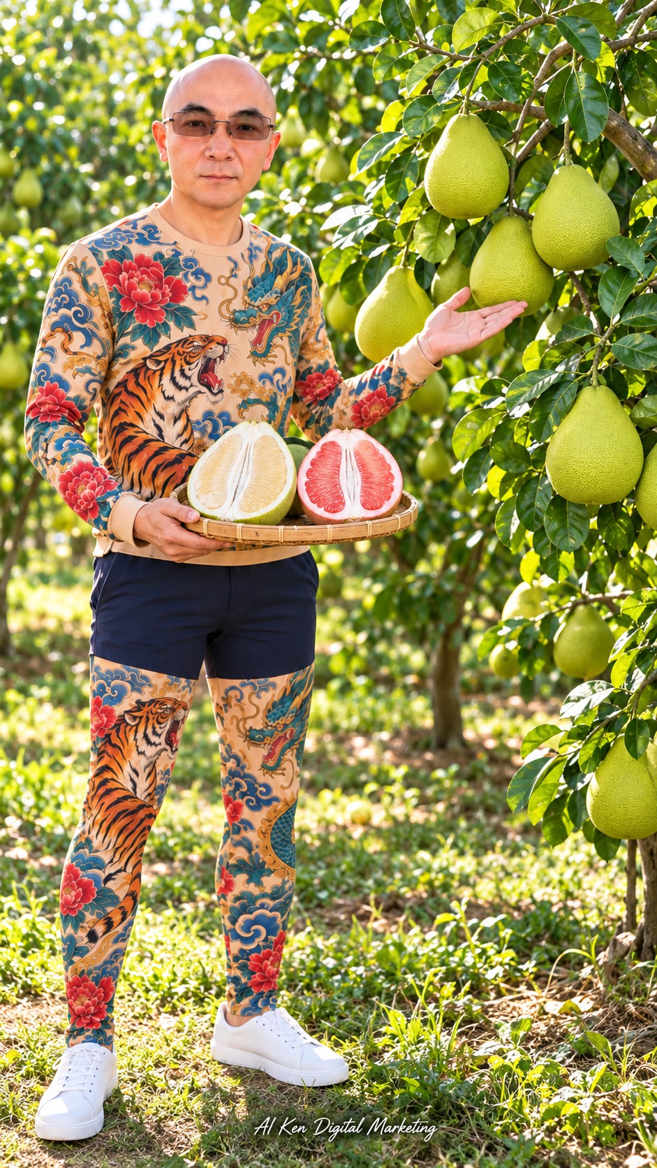 AI Ken introducing Wendan pomelos on trees while displaying white and red cut fruit