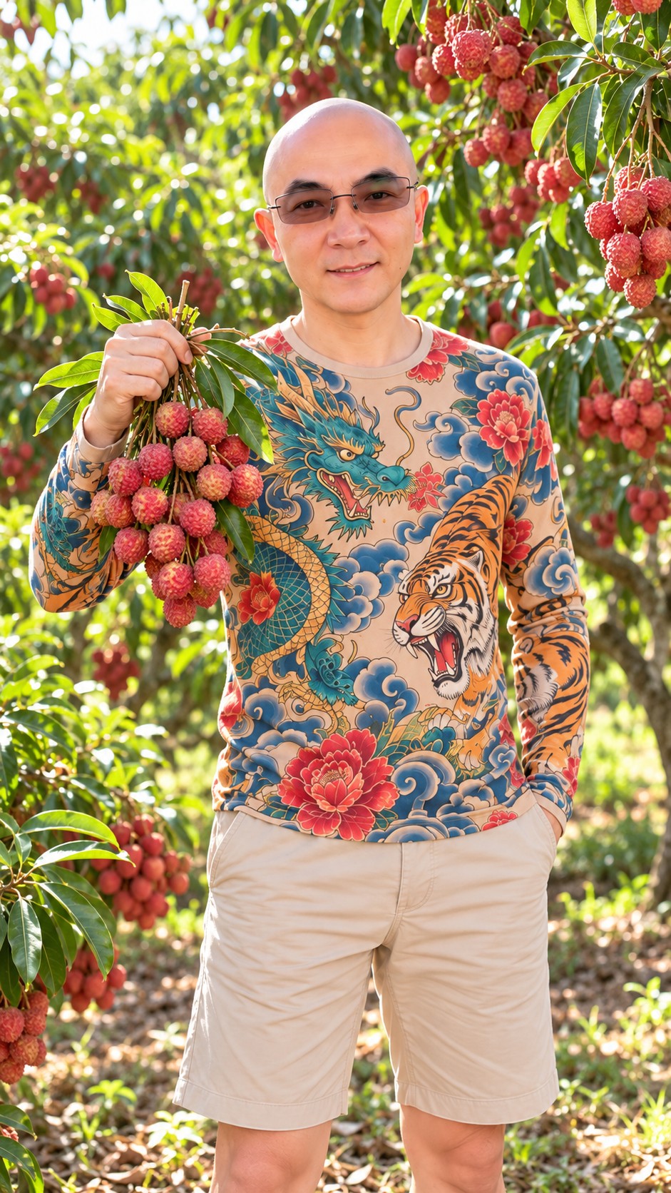 AI-created scene of AI Ken holding ripe red lychees in a Taiwanese summer orchard