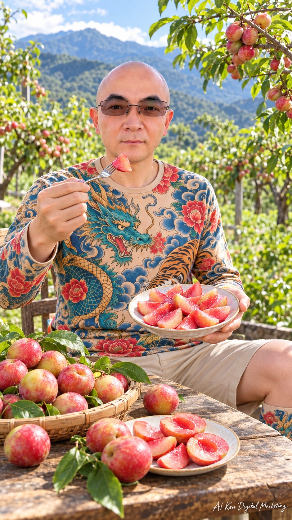 AI Ken presenting rosy pitted Xi Gua plum wedges with red-blushed whole plums and mountain scenery