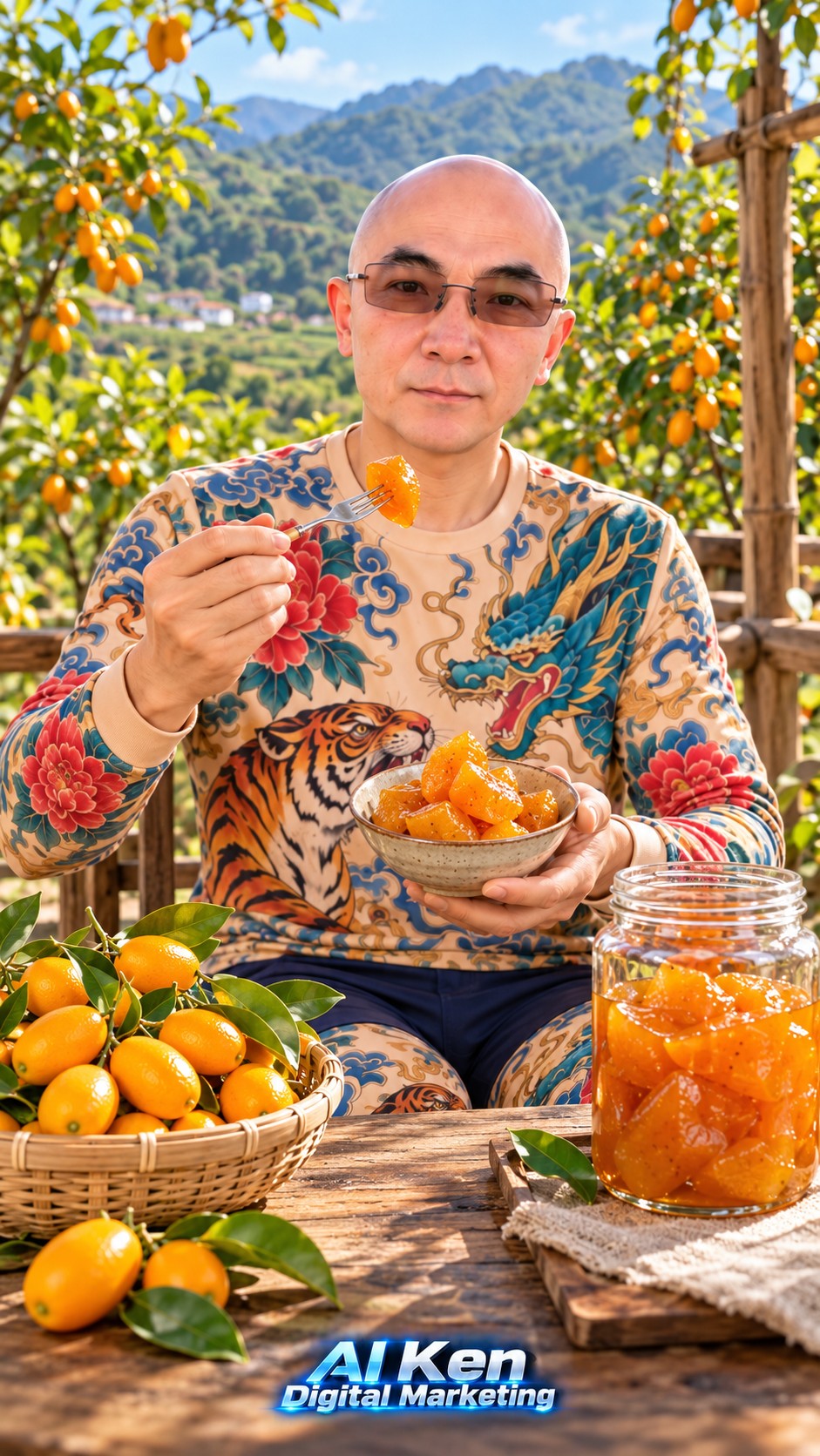 AI Ken tasting an amber-orange preserved kumquat piece with a bowl of prepared preserves