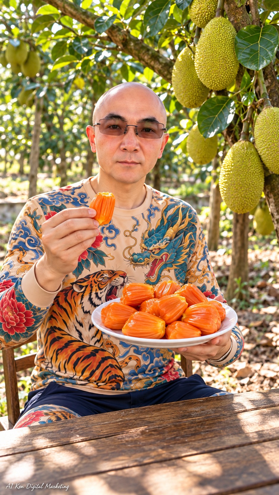 AI Ken presenting orange-red jackfruit flesh prepared for fresh eating