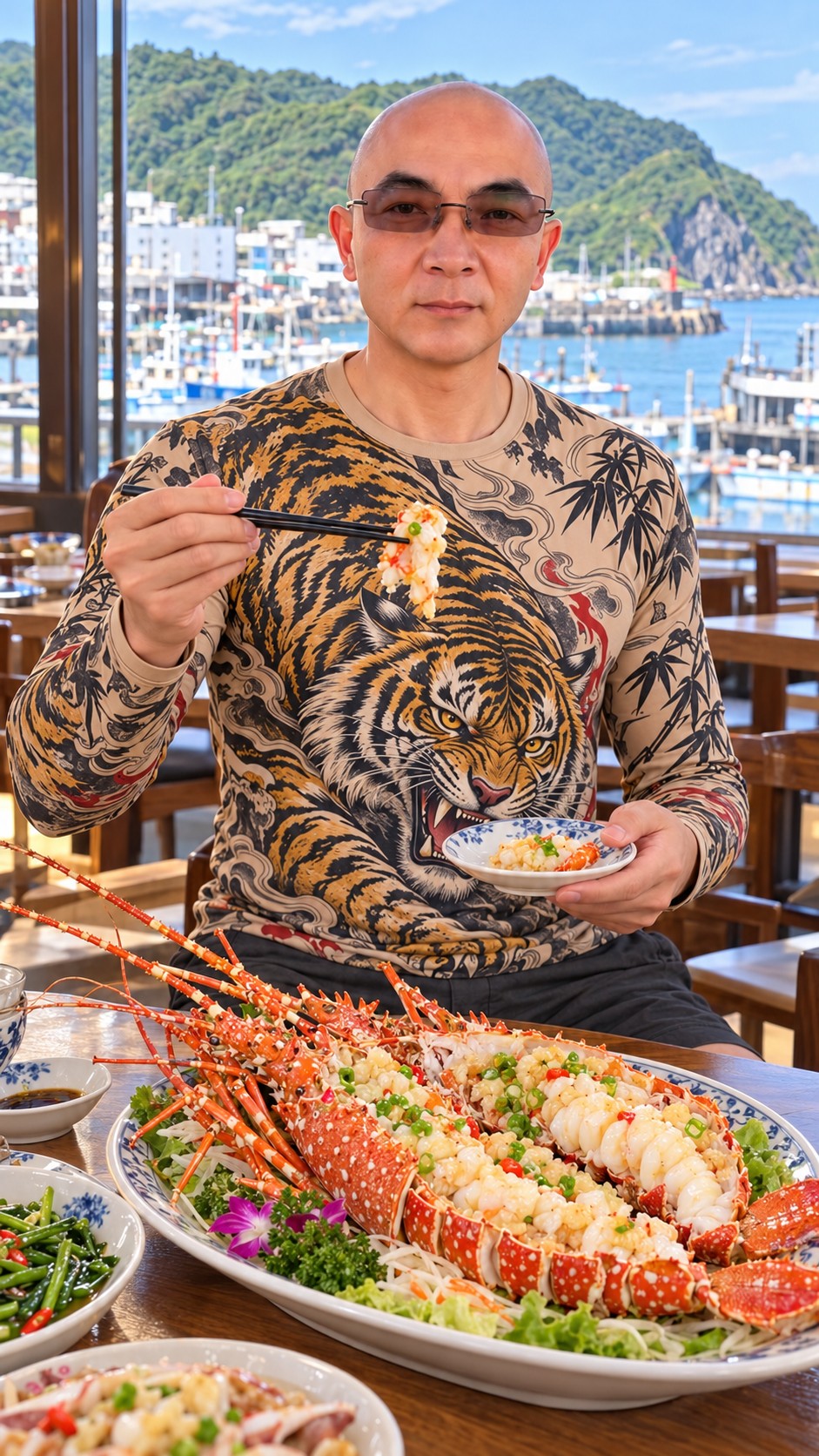 AI-generated Nanfangao seafood restaurant scene with cooked lobster topped with garlic and scallions