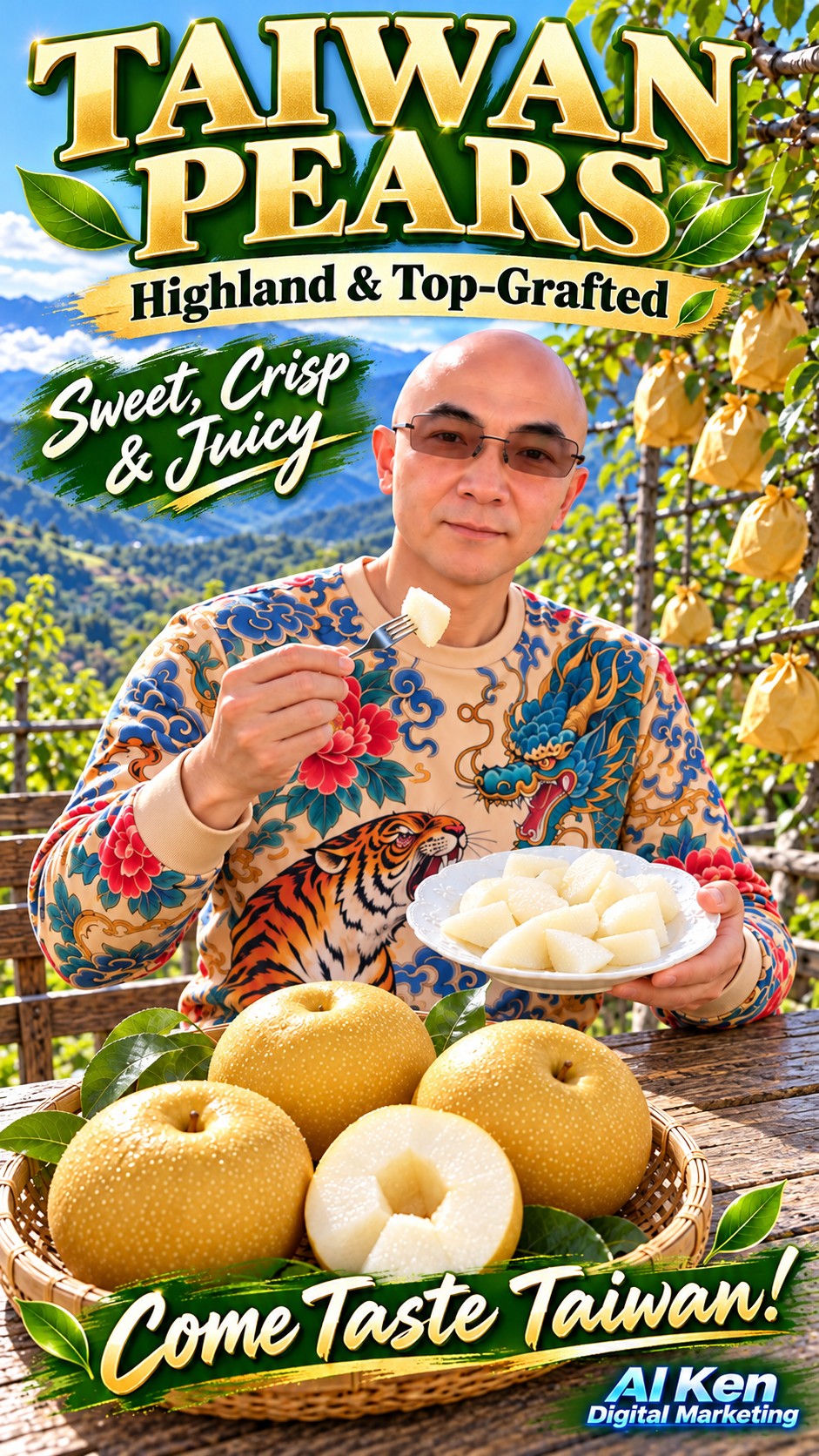 Taiwan Asian pears with peeled white flesh and a highland and top-grafted pear theme