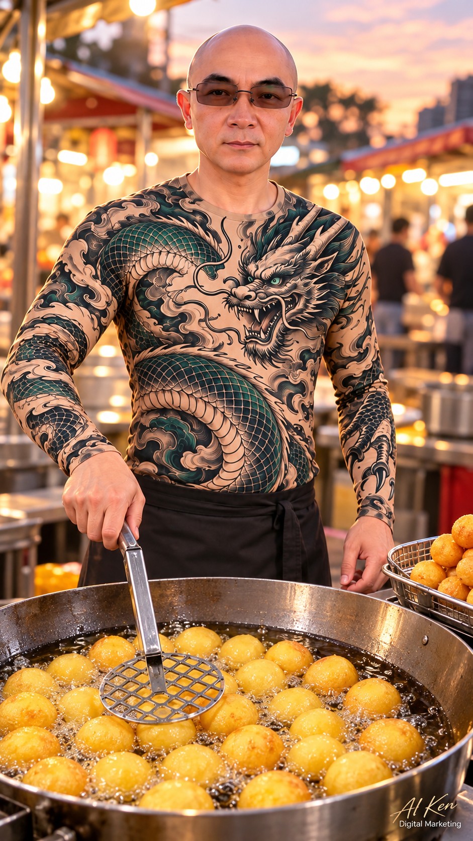 Presenting a paper cup of Taiwanese sweet potato balls with one ball on a wooden food pick