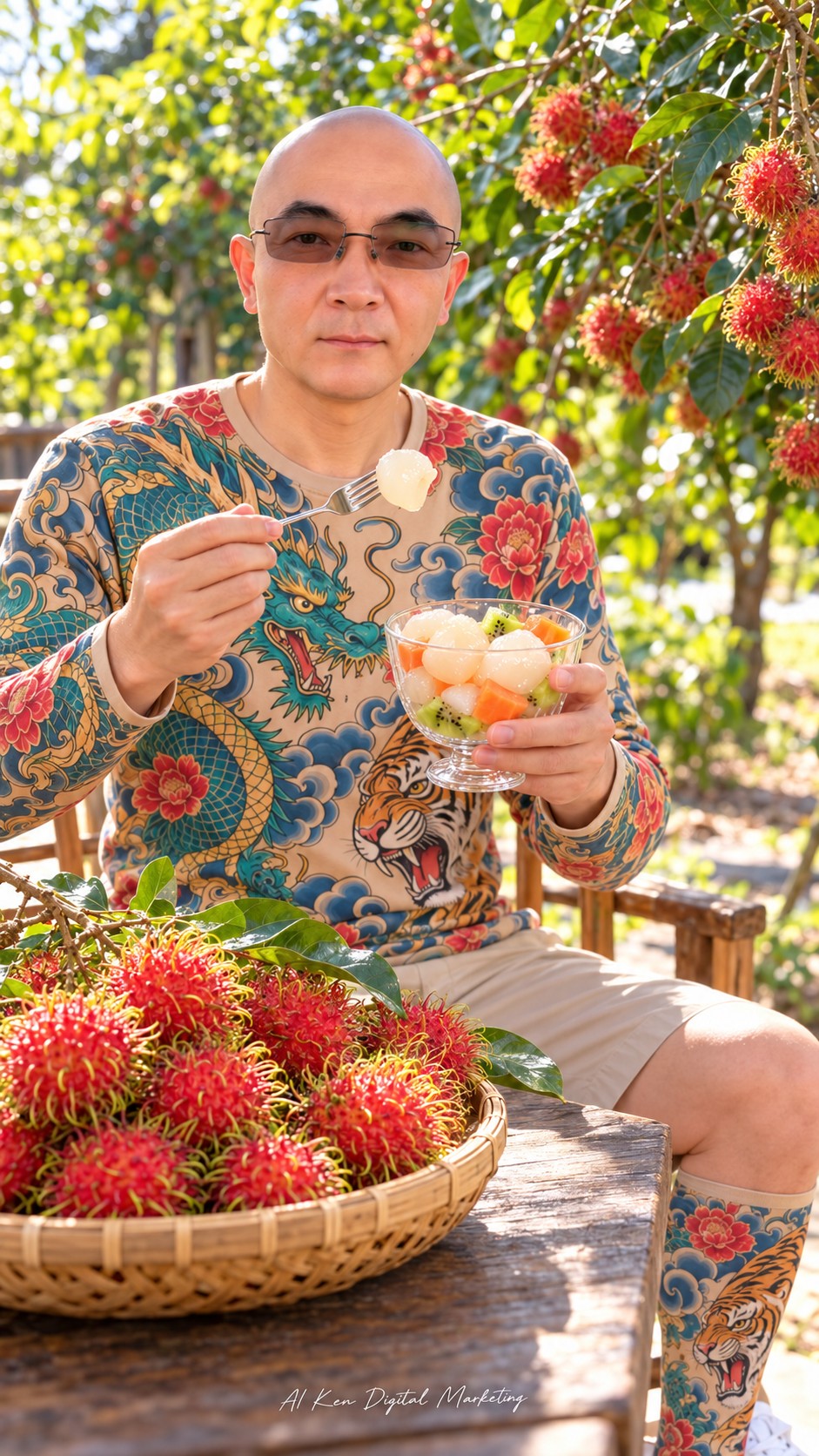 AI Ken presenting a fruit cup containing rambutan flesh, papaya and kiwi