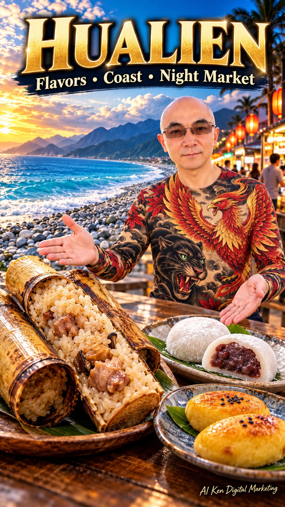 Hualien travel illustration featuring bamboo rice, mochi, sweet potato pastries and coastal scenery
