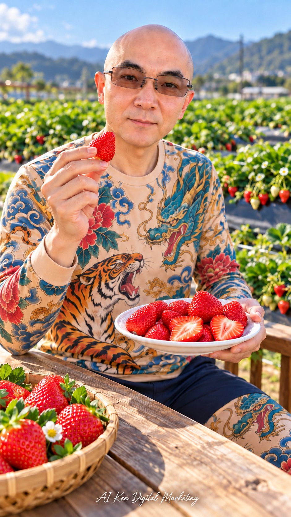 AI Ken holding a fresh strawberry beside a plate of red strawberries at a farm tasting table