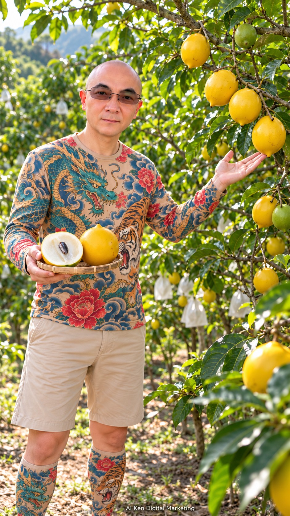AI Ken introducing ripe golden abiu on trees in a Taiwanese orchard