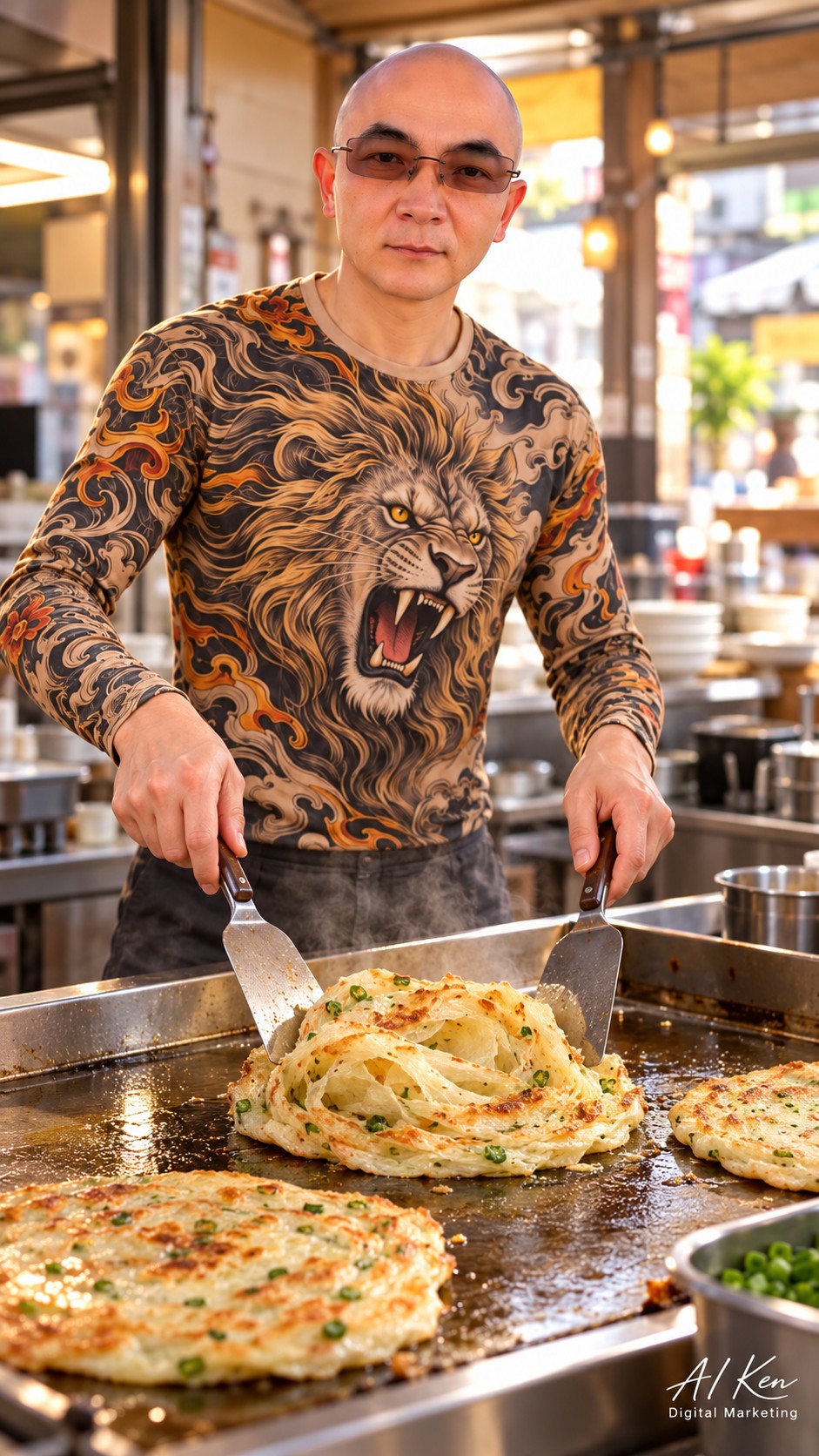 AI Ken holding a small piece of flaky scallion pancake with egg before tasting