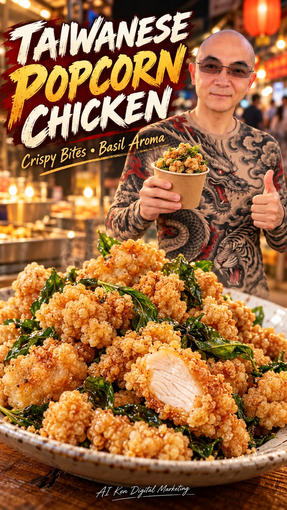 AI Ken presenting freshly fried Taiwanese popcorn chicken and basil in a wire skimmer