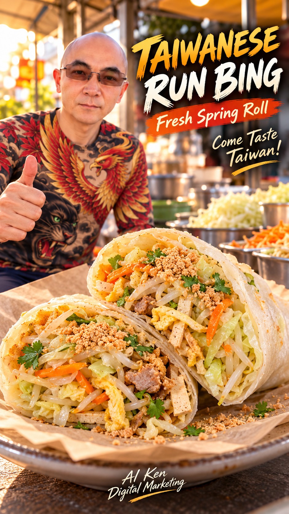 AI-generated Taiwanese run bing cutaway showing a soft wrapper, vegetables, tofu, egg, pork and peanut powder