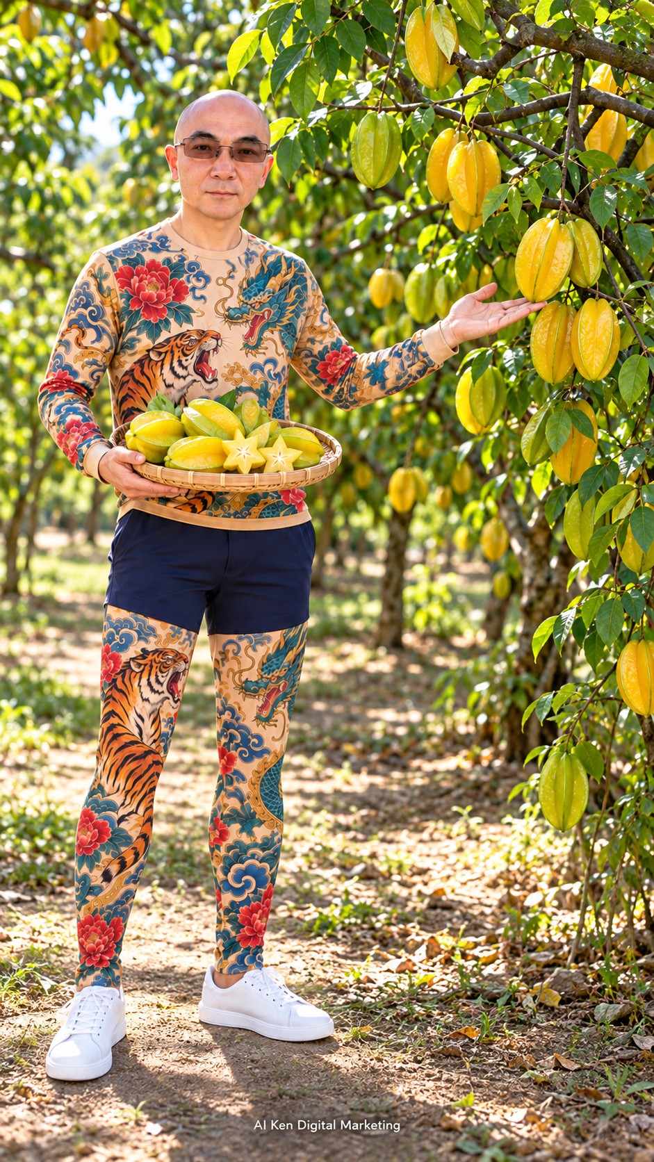 AI Ken introducing green and yellow star fruit growing on trees in a Taiwanese orchard