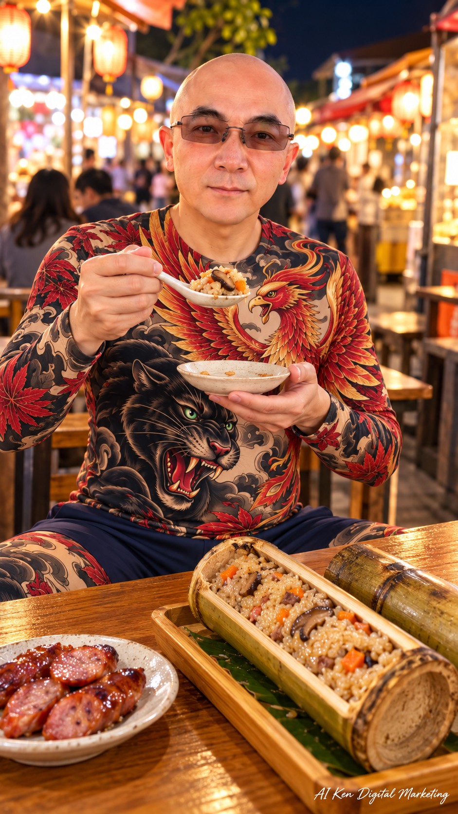 AI-generated night market dining scene featuring bamboo rice and grilled sausage