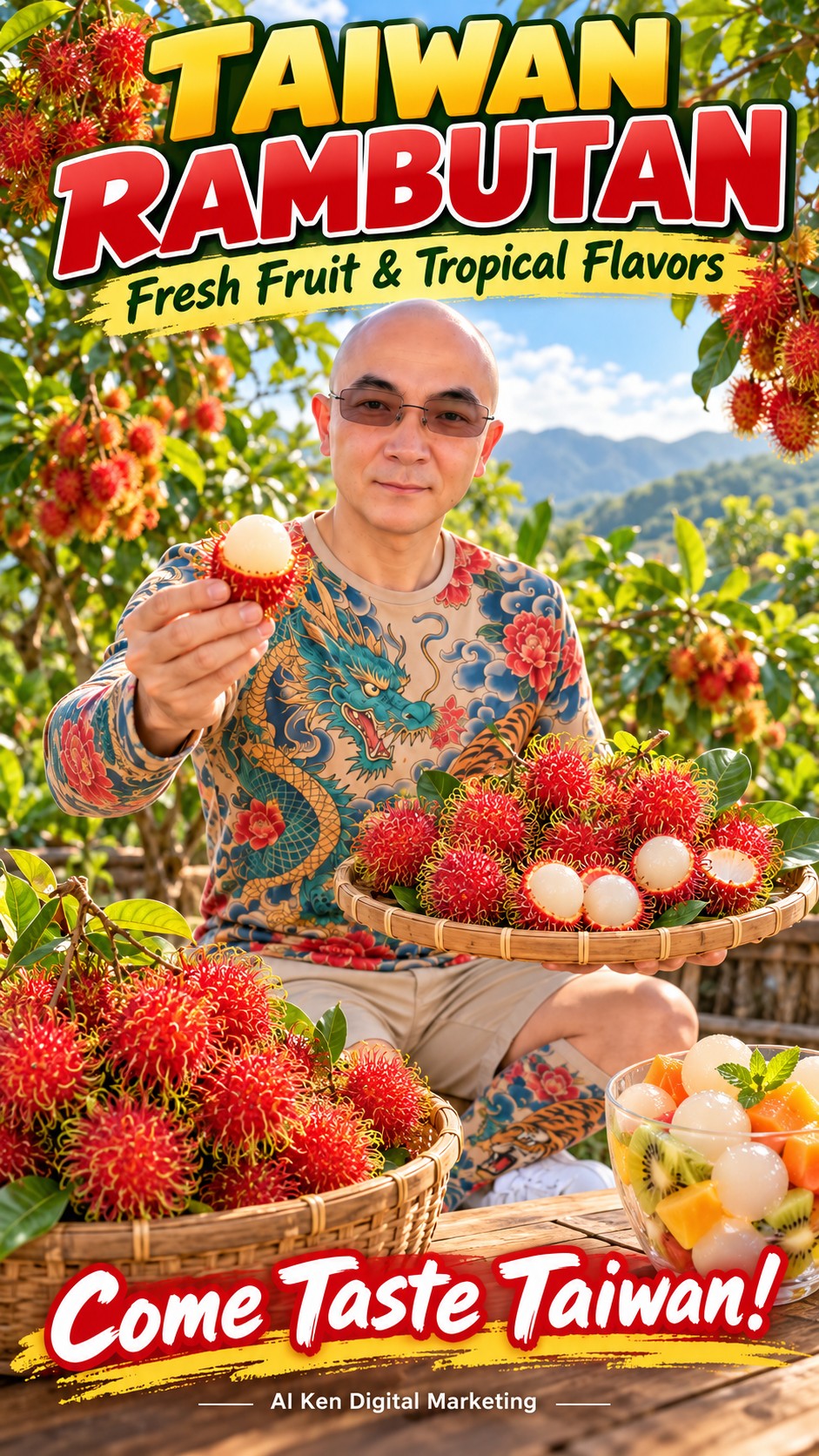 Taiwan rambutan with whole red fruit, exposed white flesh and a tropical fruit cup