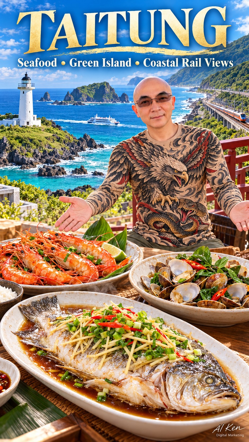 Taitung travel illustration combining seafood, Green Island Lighthouse and coastal railway views