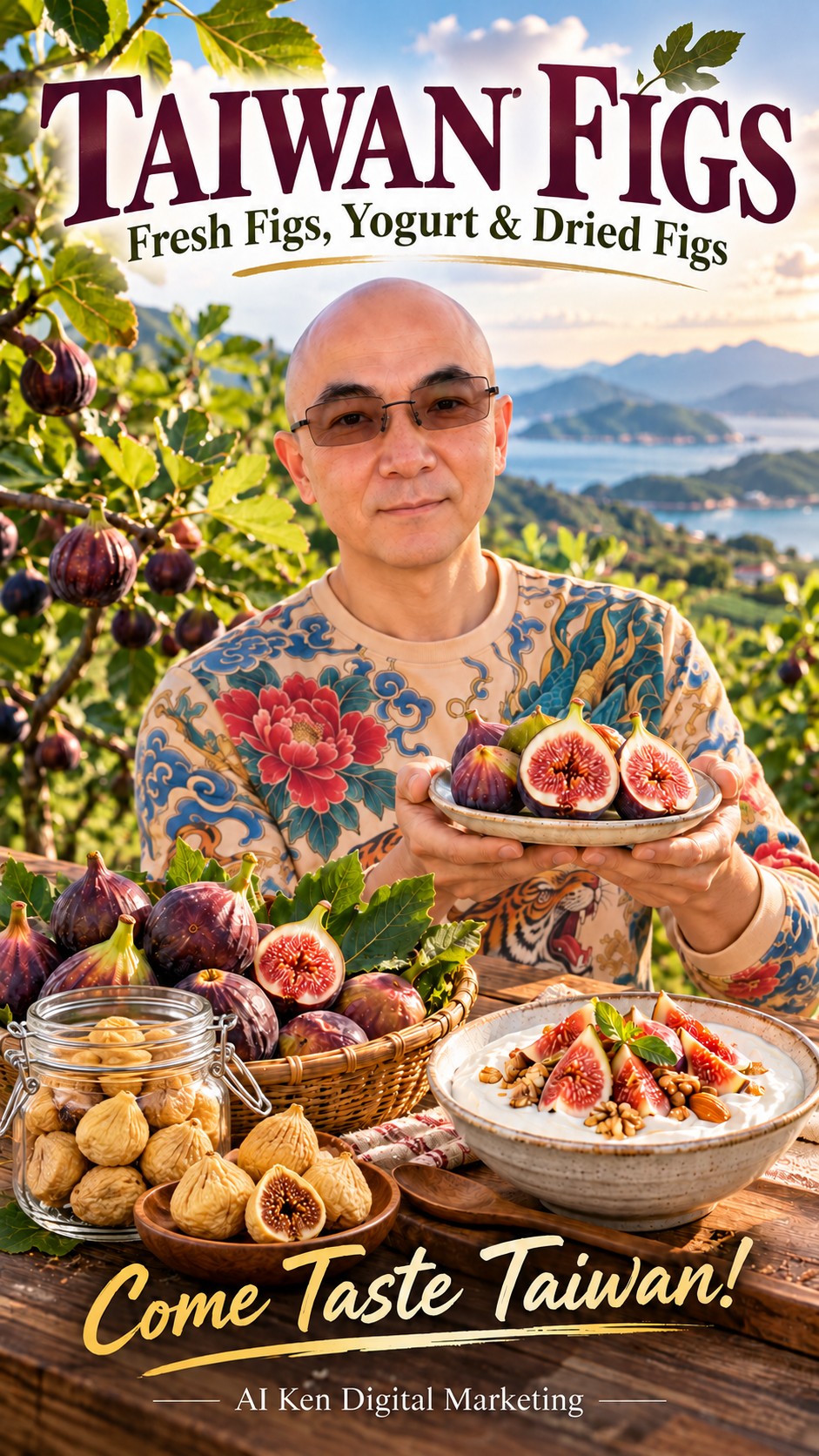 Taiwan figs introduction featuring fresh figs, a fig yogurt bowl and dried figs