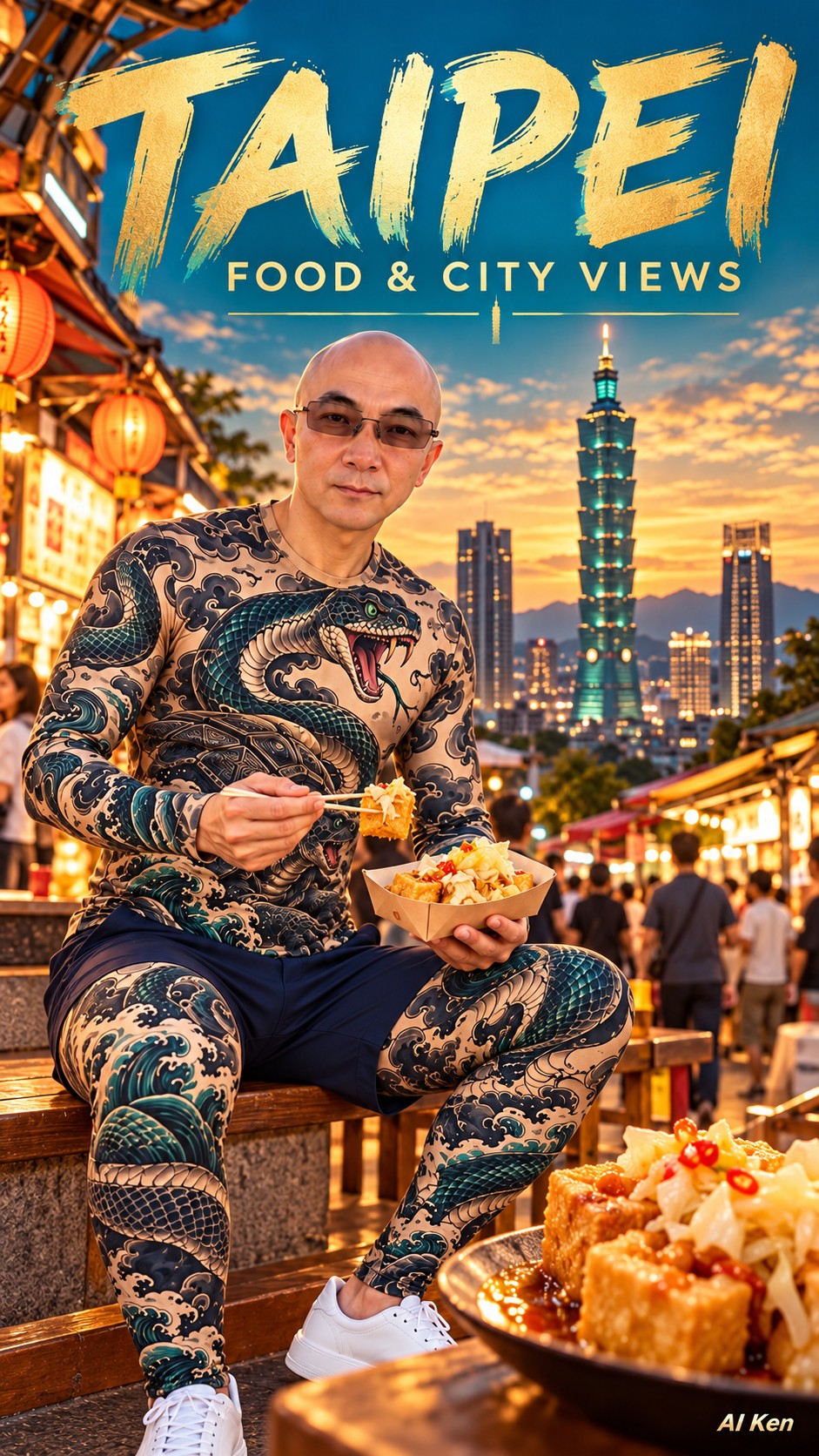 Taipei Food and City Views travel cover featuring AI Ken, Taipei 101, and Taiwanese street food