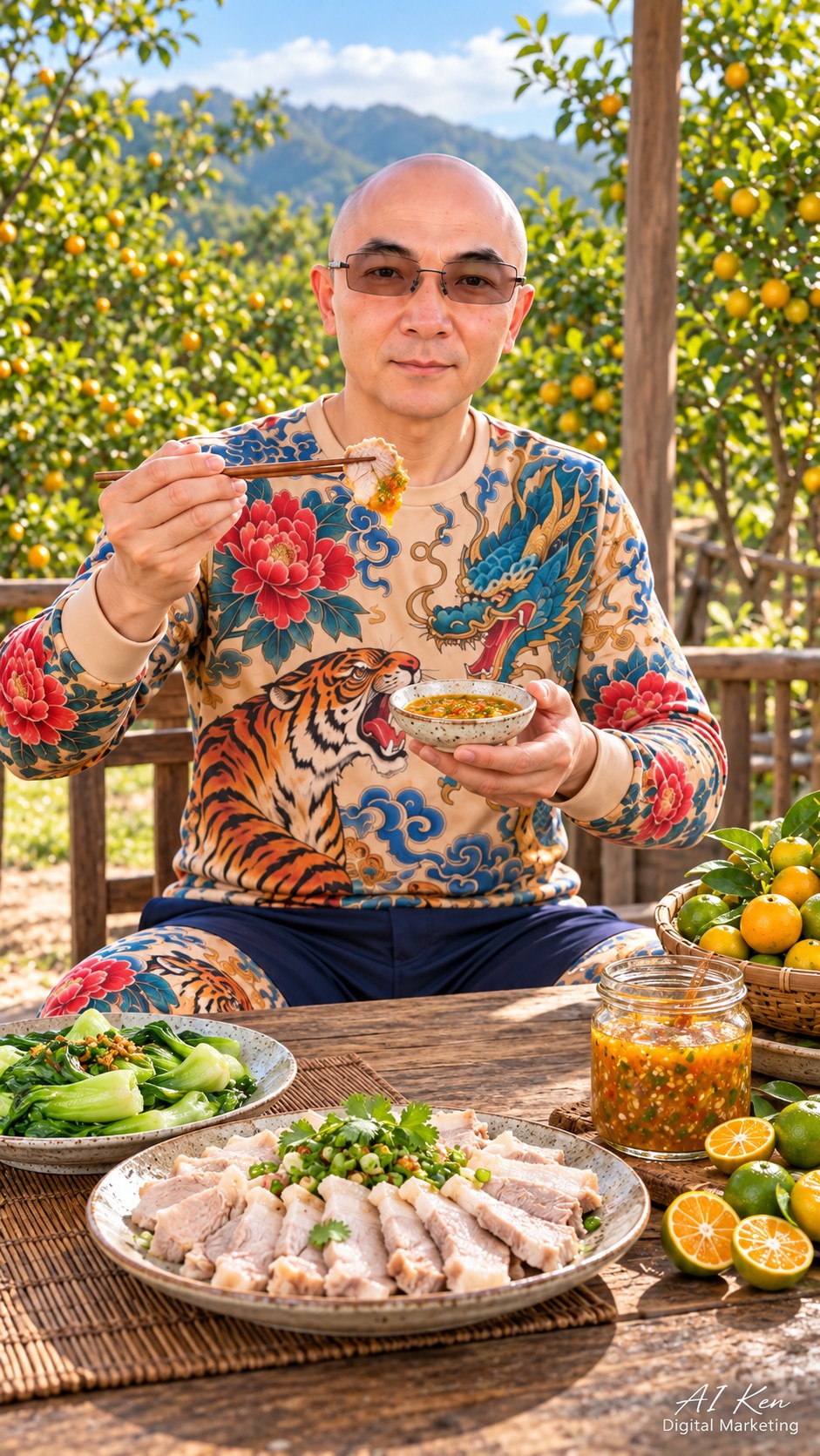 AI Ken tasting cooked pork with a Hakka-style citrus sauce beside calamondin fruits