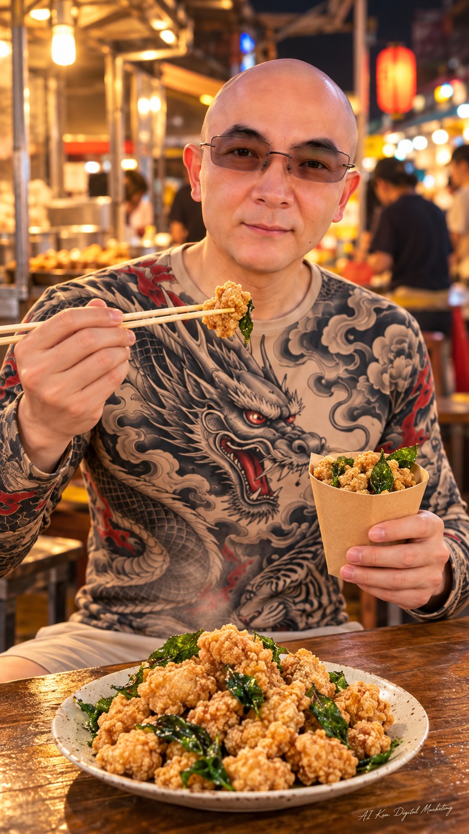 AI Ken seasoning Taiwanese popcorn chicken with pepper salt beside a plate of chicken and fried basil