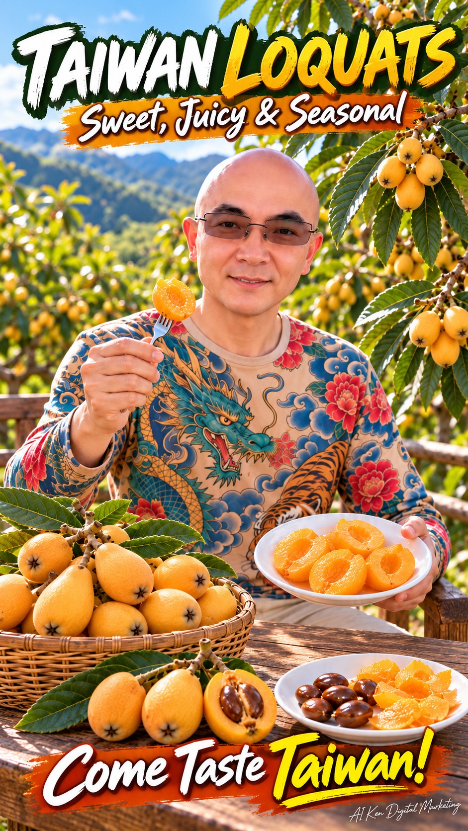 Taiwan Loquats thumbnail featuring AI Ken, golden loquat fruit, and prepared orange flesh