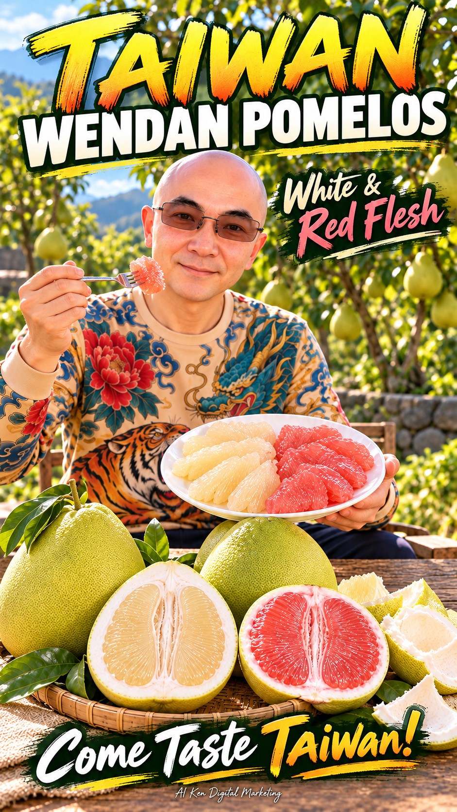 Taiwan Wendan pomelos with white and red flesh displayed with peeled fruit