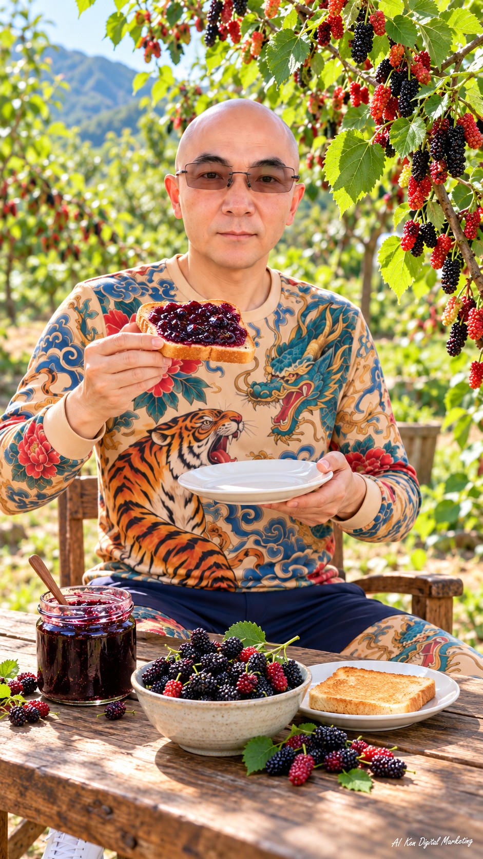AI Ken holding toast topped with mulberry jam beside fresh mulberries